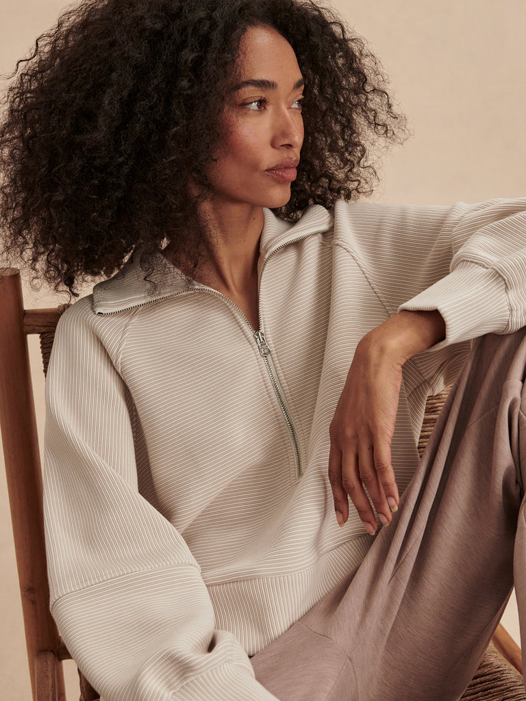 From the brand Varley Women's Milano Half Zip Sweatshirt 2.0 in Silver Grey/Snow White - abigail fashion