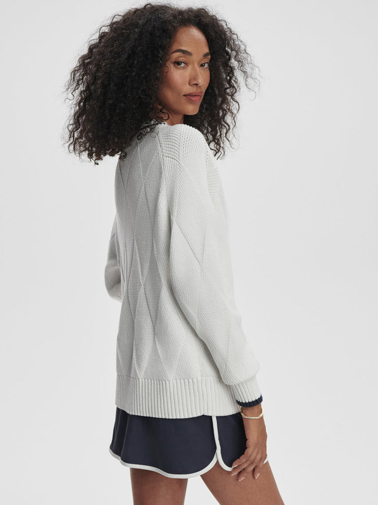 From the brand Varley Women's Ray Diamond V-Neck Knit Sweater in White/ Blue Nights - abigail fashion