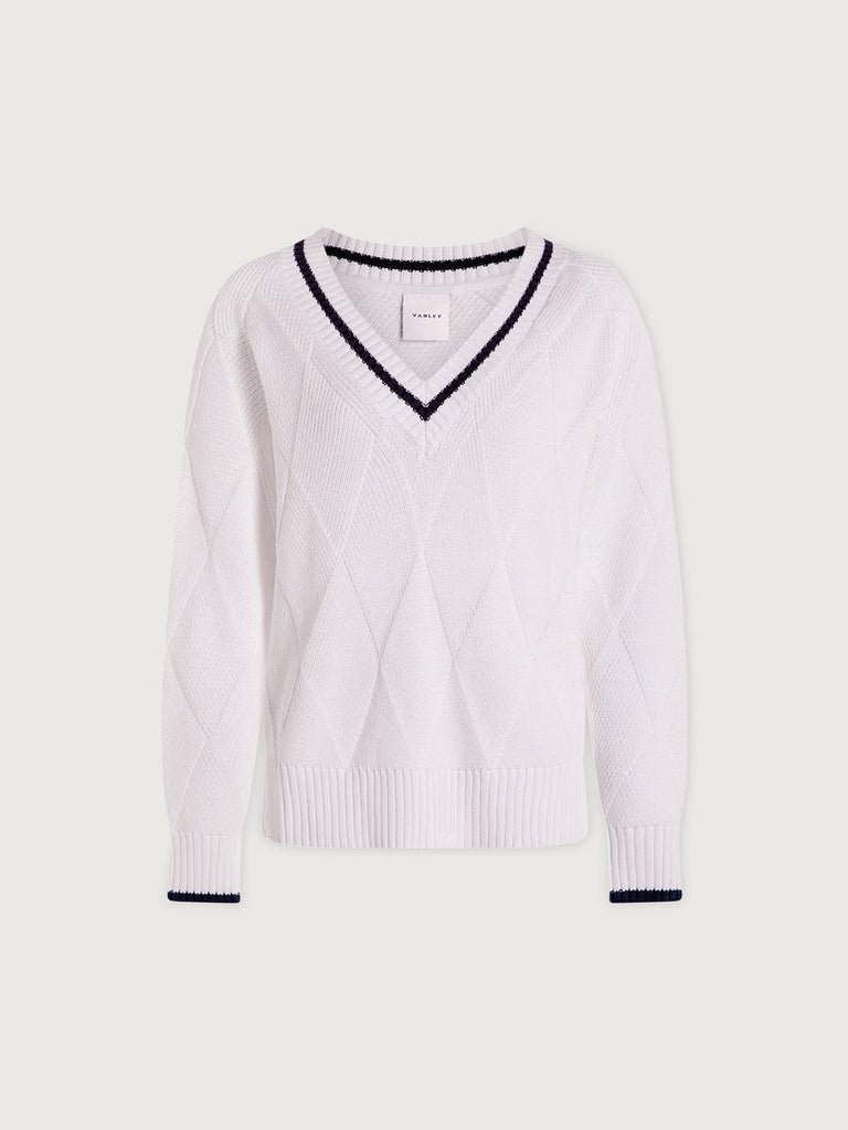 From the brand Varley Women's Ray Diamond V-Neck Knit Sweater in White/ Blue Nights - abigail fashion
