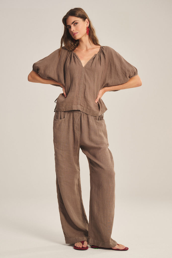 From the brand Velvet Women's Clairo Woven Linen Pant in Mudslide - abigail fashion