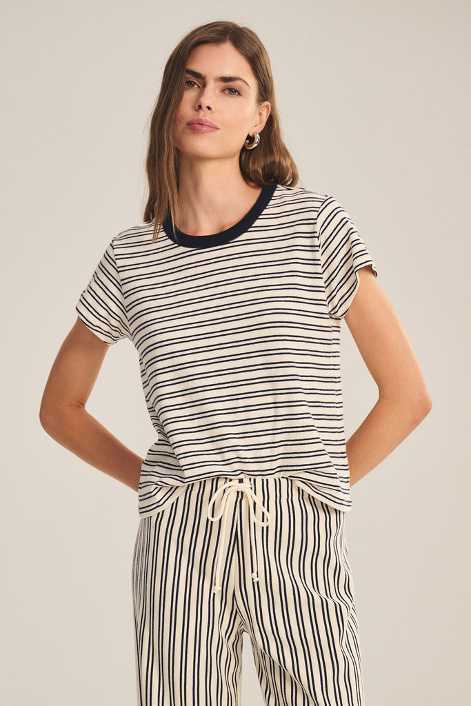 From the brand Velvet Women's Foster Yarn Dye Stripe Jersey Top in Natural/Navy - abigail fashion