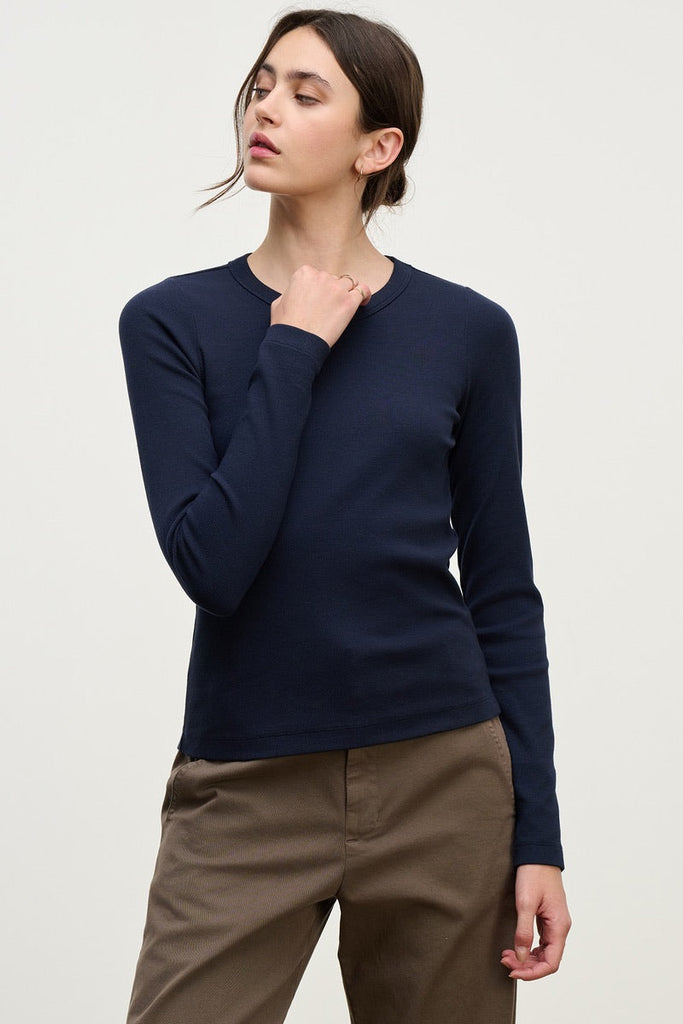 Velvet Women's Lotta Rib & Poplin mix Media Top Navy - abigail fashion