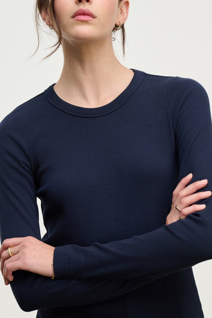 Velvet Women's Lotta Rib & Poplin mix Media Top Navy - abigail fashion