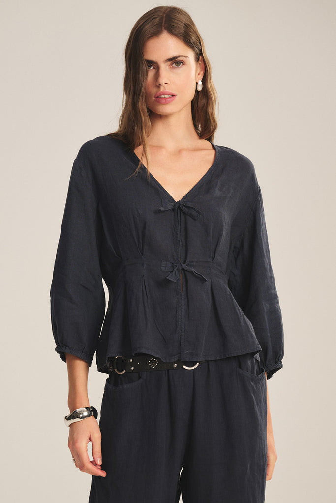 From the brand Velvet Women's Martha Woven Linen Top in Shadow - abigail fashion