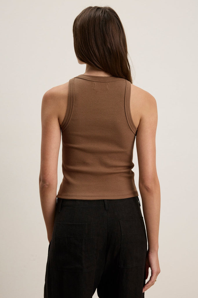 Velvet Women's Sari Rib & Poplin mix Media Tee Bark - abigail fashion