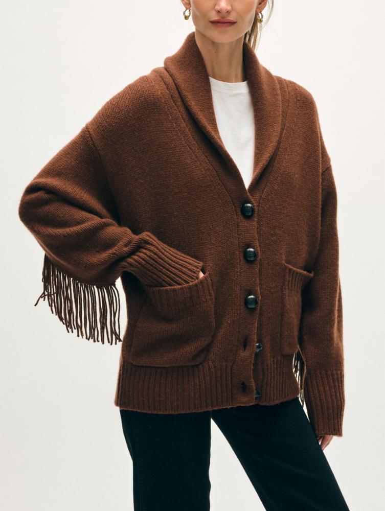 From the brand White & Warren Women's Cashmere Blend Luxe Fringe Coatigan in Coco - abigail fashion