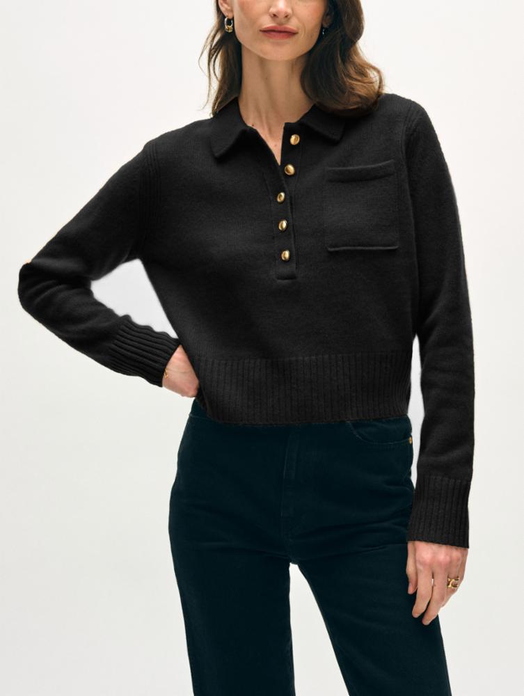 From the brand White & Warren Women's Cashmere Gold Button Polo in Black - abigail fashion