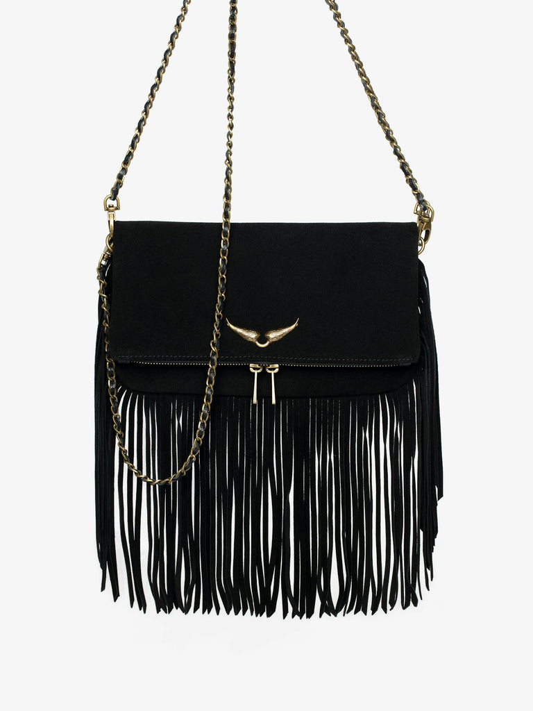 Zadig & Voltaire Women's Rock Suede Fringes Clutch Black - abigail fashion
