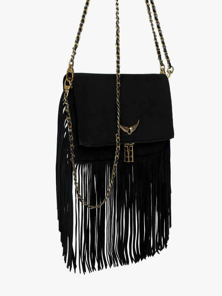 Zadig & Voltaire Women's Rock Suede Fringes Clutch Black - abigail fashion
