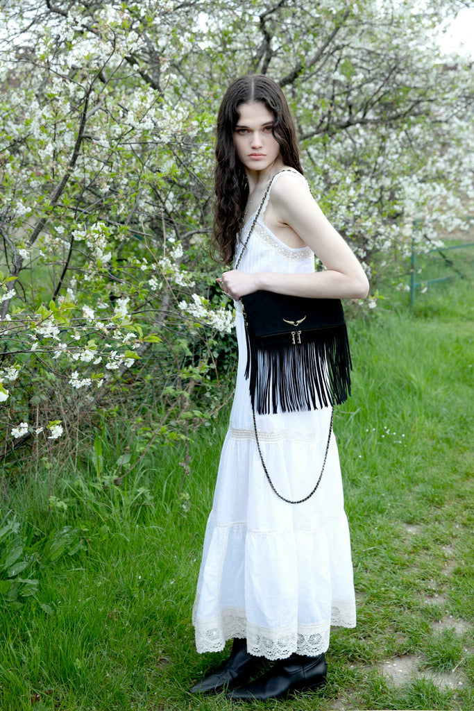 Zadig & Voltaire Women's Rock Suede Fringes Clutch Black - abigail fashion