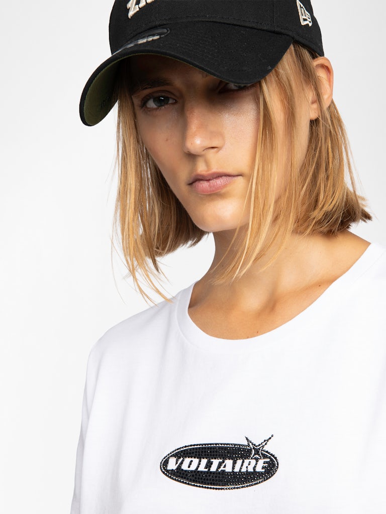 From the brand Zadig & Voltaire Women's Alys HC MotoCross Strass T-Shirt in White - abigail fashion