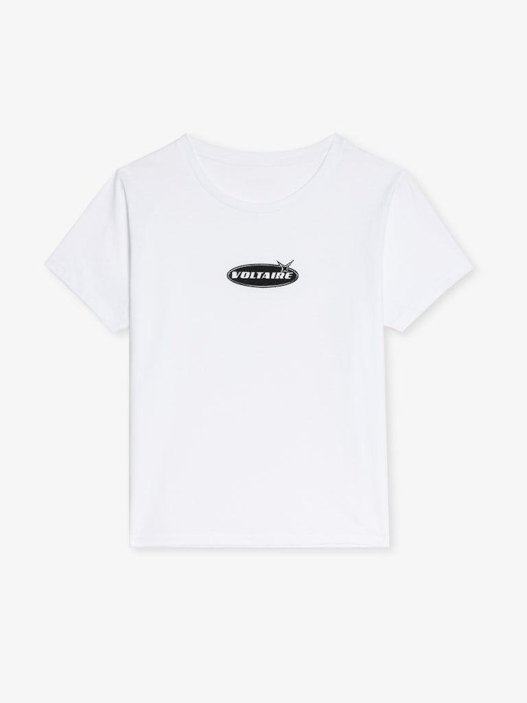 From the brand Zadig & Voltaire Women's Alys HC MotoCross Strass T-Shirt in White - abigail fashion