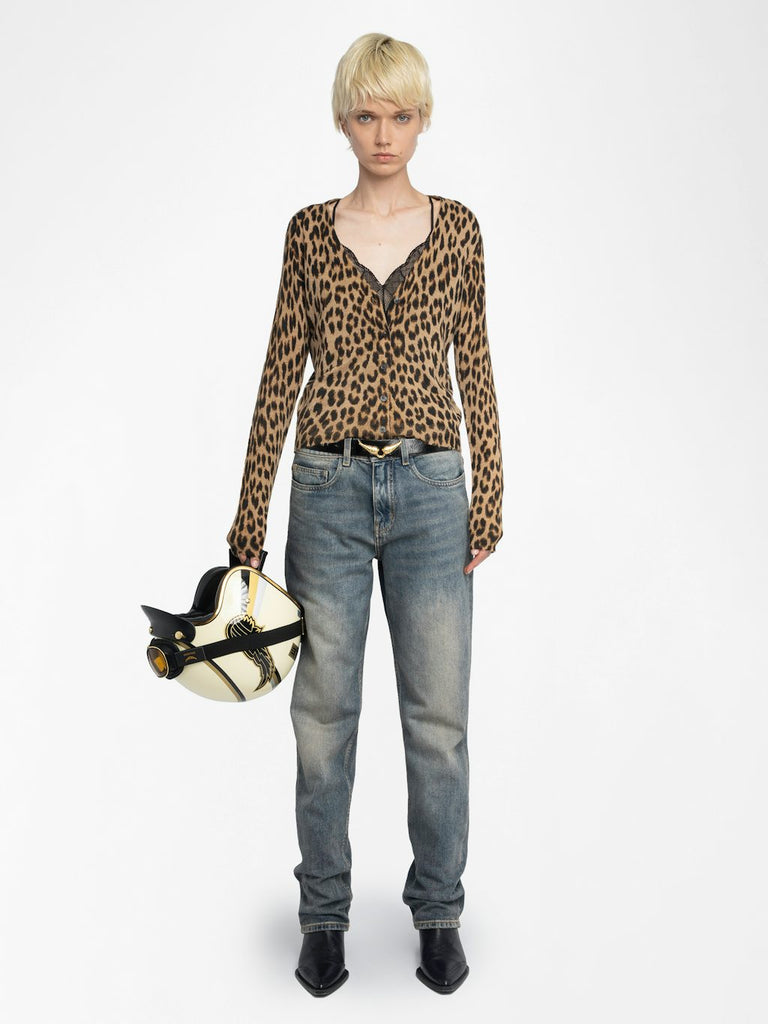 From the brand Zadig & Voltaire Women's Manala Cashmere Cardigan In Leopard Print in Daim - abigail fashion