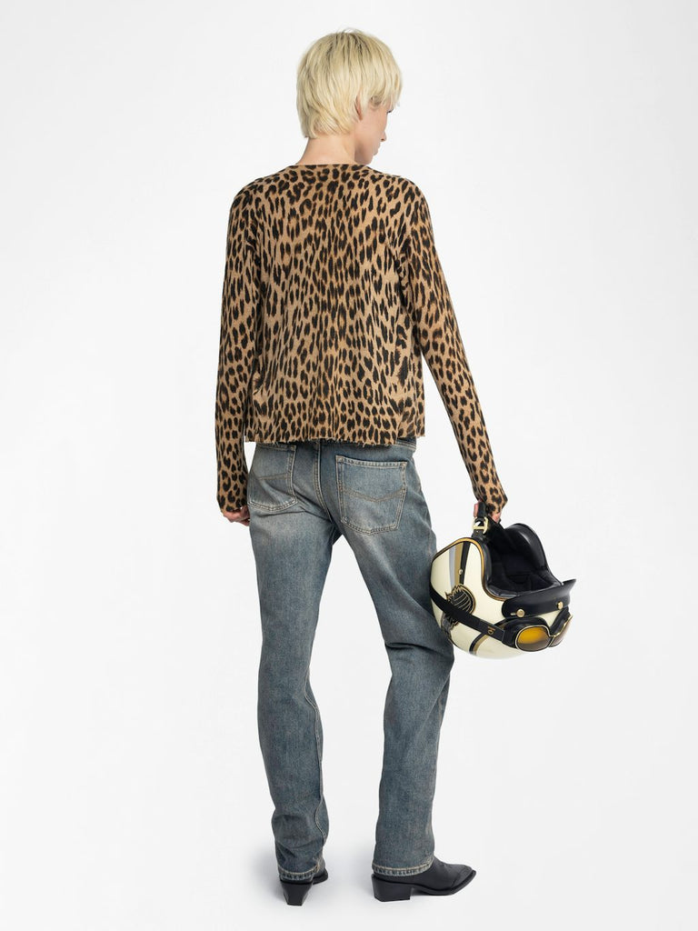 From the brand Zadig & Voltaire Women's Manala Cashmere Cardigan In Leopard Print in Daim - abigail fashion