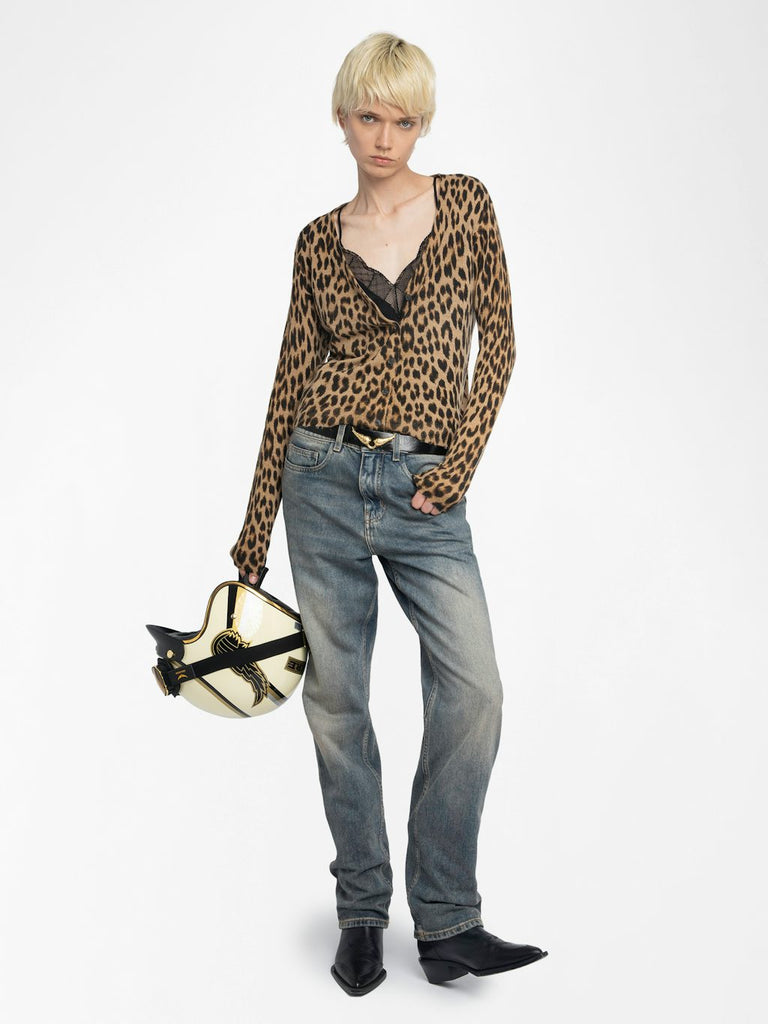 From the brand Zadig & Voltaire Women's Manala Cashmere Cardigan In Leopard Print in Daim - abigail fashion