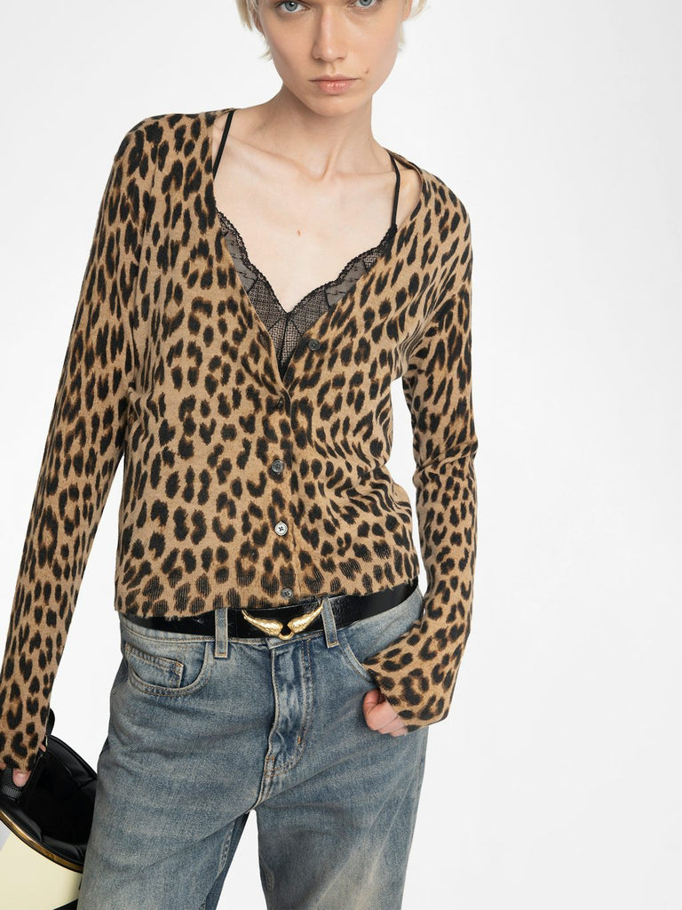 From the brand Zadig & Voltaire Women's Manala Cashmere Cardigan In Leopard Print in Daim - abigail fashion