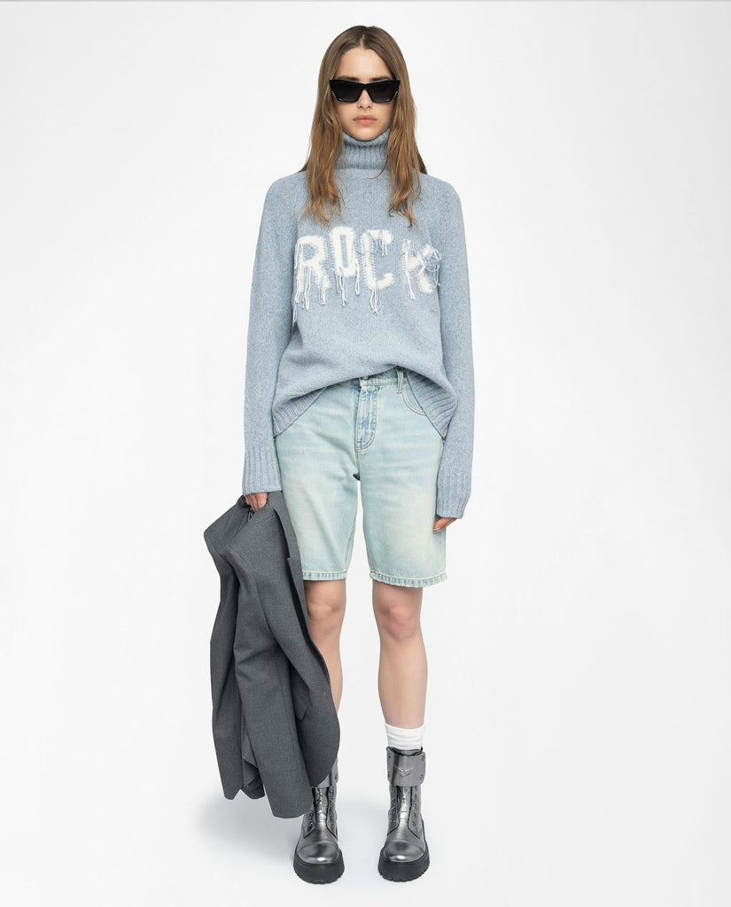 From the brand Zadig & Voltaire Women's Mora Wool Sweater With Love Embroidery On Front in Light Blue - abigail fashion