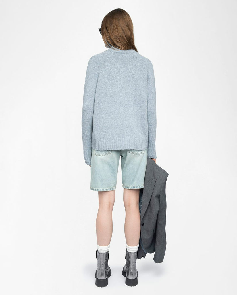 From the brand Zadig & Voltaire Women's Mora Wool Sweater With Love Embroidery On Front in Light Blue - abigail fashion