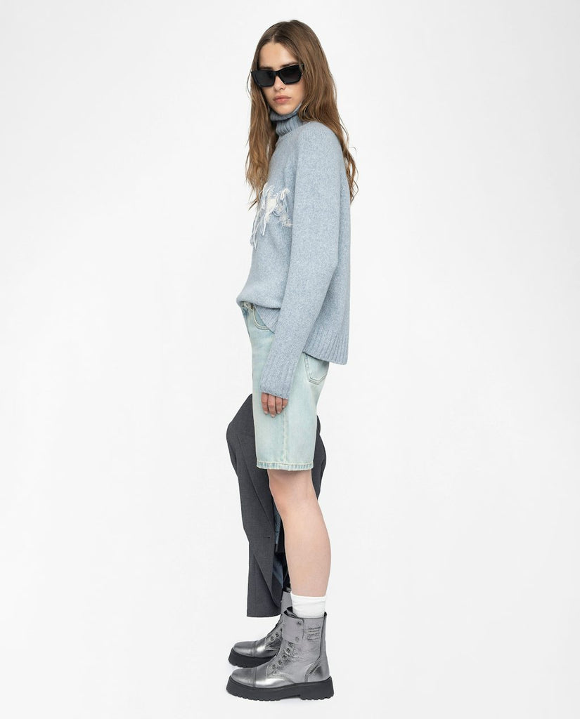 From the brand Zadig & Voltaire Women's Mora Wool Sweater With Love Embroidery On Front in Light Blue - abigail fashion