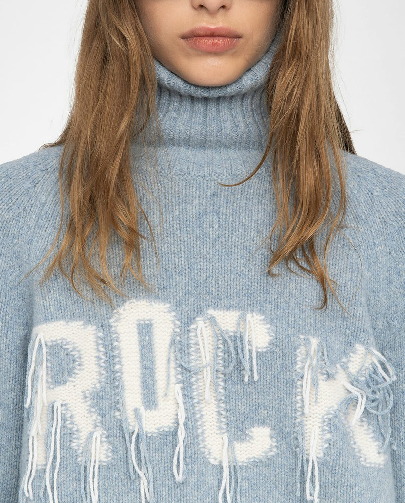 From the brand Zadig & Voltaire Women's Mora Wool Sweater With Love Embroidery On Front in Light Blue - abigail fashion