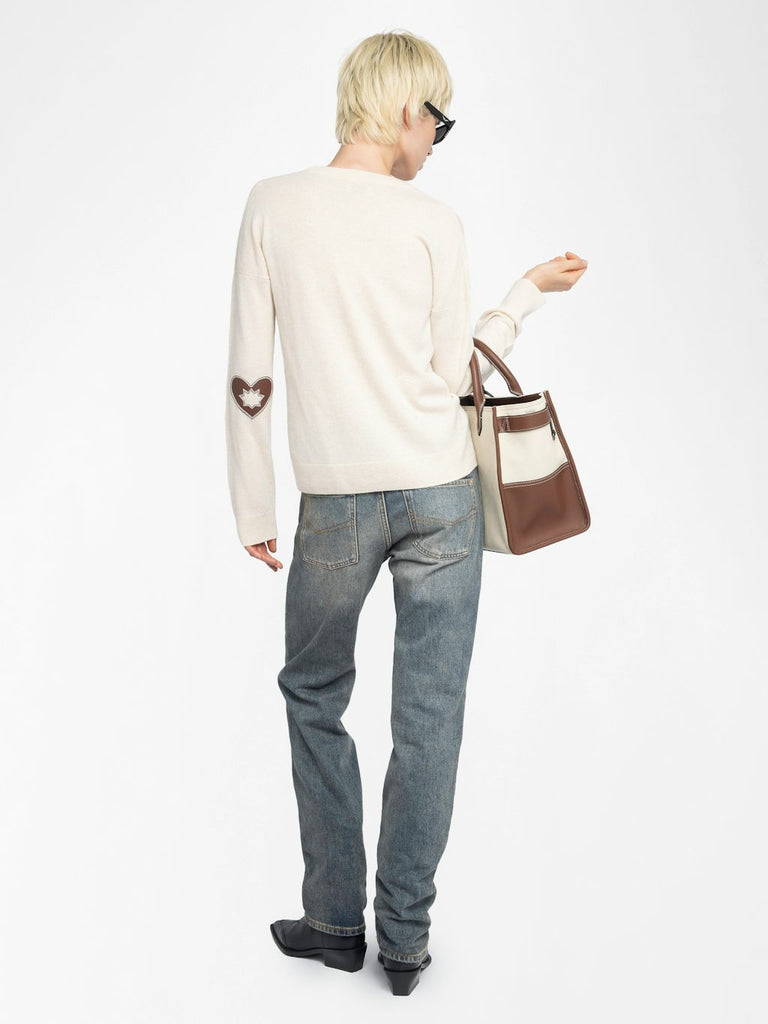 From the brand Zadig & Voltaire Women's Vivi 100% Cashmere Jumper With Heart Patch On Elbows in Ecru - abigail fashion