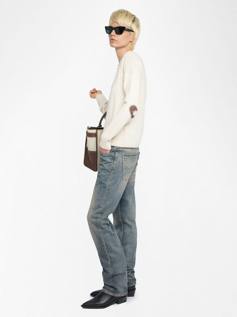 From the brand Zadig & Voltaire Women's Vivi 100% Cashmere Jumper With Heart Patch On Elbows in Ecru - abigail fashion