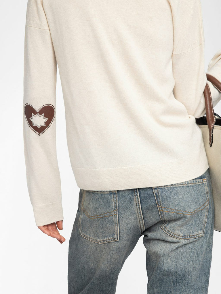 From the brand Zadig & Voltaire Women's Vivi 100% Cashmere Jumper With Heart Patch On Elbows in Ecru - abigail fashion