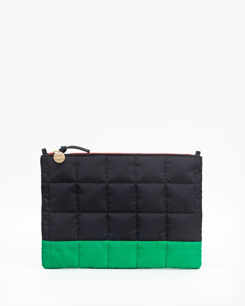 Clare V Flat Clutch With Tabs Bag Black & Green Quilted Puffer Bach&Co 07