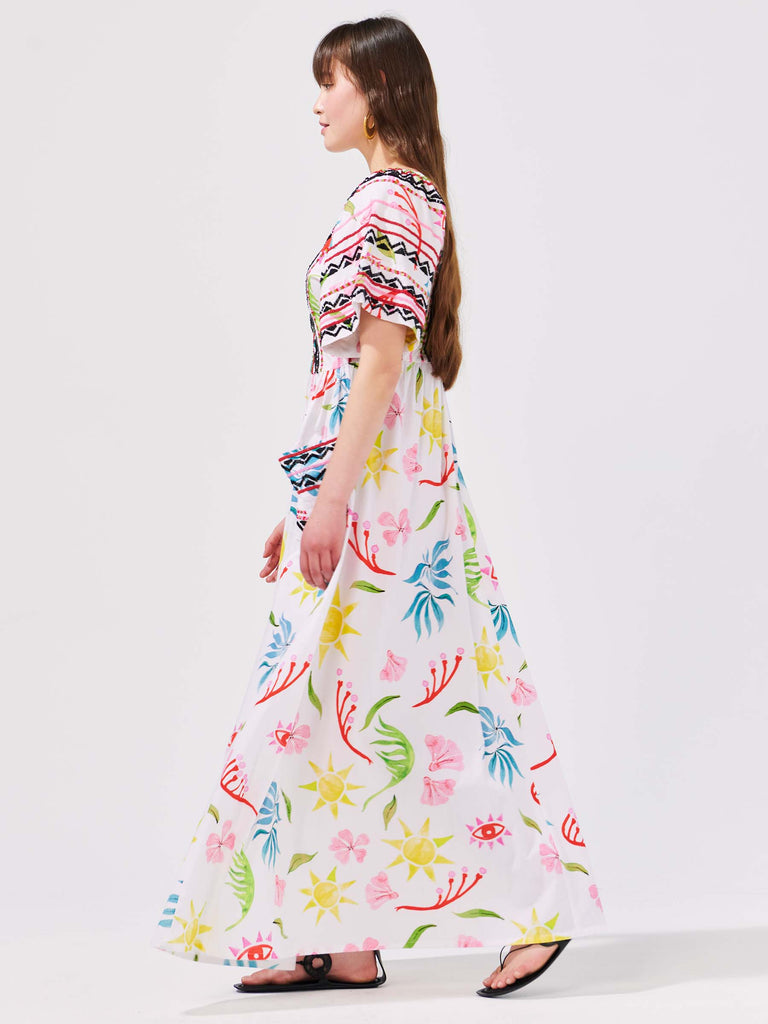 Hayley Menzies Embellished Kimono Sleeve Cotton V-Neck Maxi Dress Sun Wink Flower Bach&Co