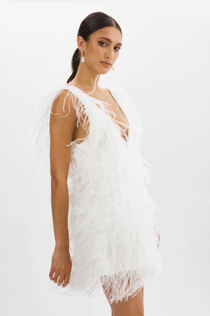 LaMarque Alena Feather Vneck Dress White Bach&Co