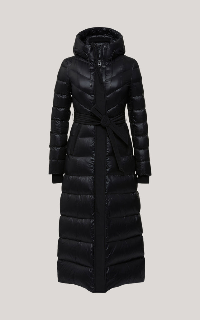 Mackage Calina-R Ladies Maxi Lightweight Down Coat With Sash Belt Black Bach&Co